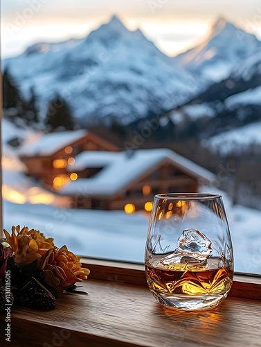 A glass of whiskey with ice sits on a wooden windowsill overlooking a snowy mountain village at sunset. photo