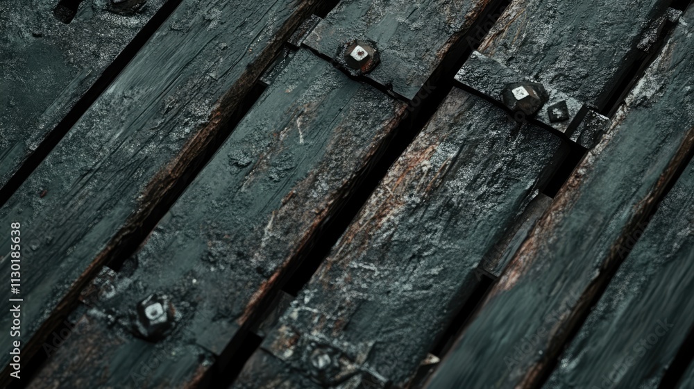 Obraz premium Weathered wooden boards with rusty nails creating a rustic and aged background ideal for vintage design and texture applications