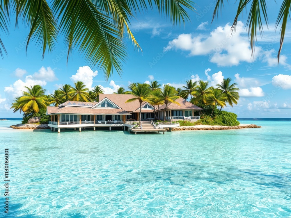 Fototapeta premium A luxurious oceanfront resort on a secluded tropical island surrounded by crystal clear waters and palm trees, vacation, relaxation