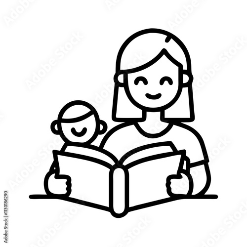 storytime with mom icon, mother’s day line art, mothers day icon - simple black line art icon of storytime with mom, for mother’s Day celebrations mothers day vector art 