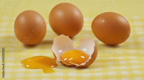 Fresh brown chicken eggs with a cracked shell revealing the bright yellow yolk on a cheerful yellow checkered background. photo