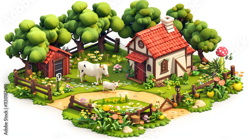 Isometric 3D Cartoon landscape cowshed photo