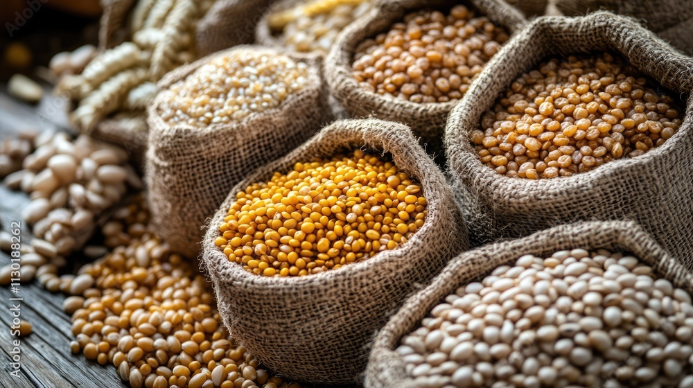 Fototapeta premium Global grain crisis with various spices and seeds in burlap sacks highlighting the impact of agricultural sanctions and embargoes on food supply.