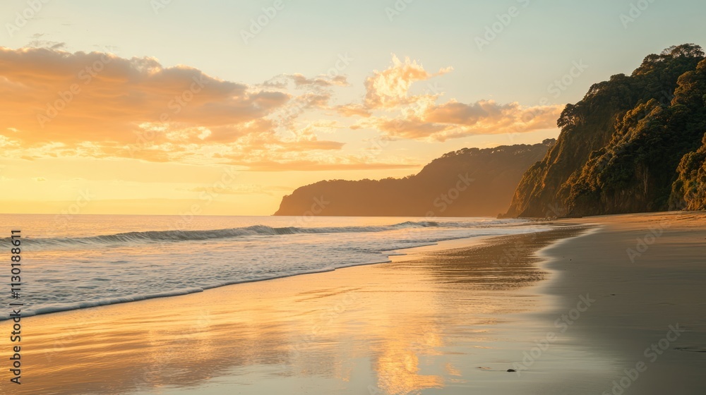 Obraz premium Serene beach sunset with golden hues reflecting on tranquil ocean waves and lush coastal cliffs in the background