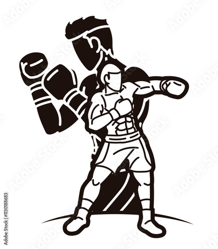 Boxing Sport Boxer Fighting Silhouette Mix Action Cartoon Graphic  Vector