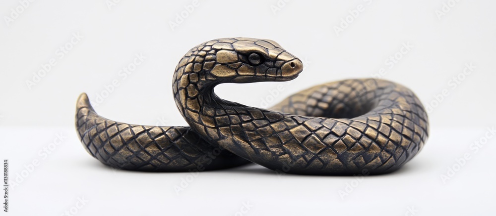 Obraz premium Bronze snake sculpture symbolizing renewal and prosperity against a clean white backdrop ideal for New Year celebrations