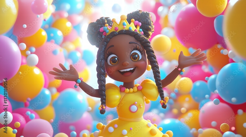 Naklejka premium Joyful Girl in Yellow Dress Amidst Colorful Balloons