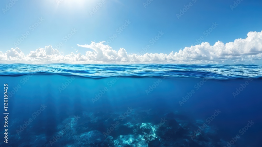 Tranquil split view of ocean water surface and underwater landscape under a clear blue sky with soft clouds and sunlight reflections. Tranquil split view of ocean water surface and underwater landscape under a clear blue sky with soft clouds and sunlight reflections.