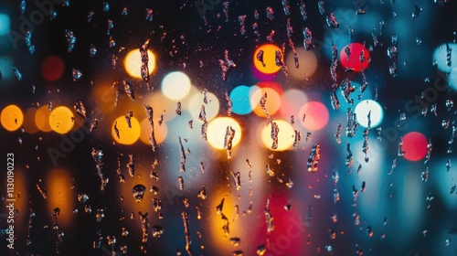 Raindrops on glass creating a blurred city bokeh effect with vibrant lights illuminating the background in a rainy atmosphere photo