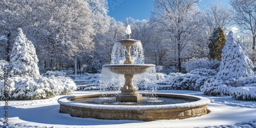 Fountain surrounded by beautiful snowy trees, creating a serene winter scene. The contrast of the fountain and snowy trees adds charm to this tranquil setting with nature s beauty. photo