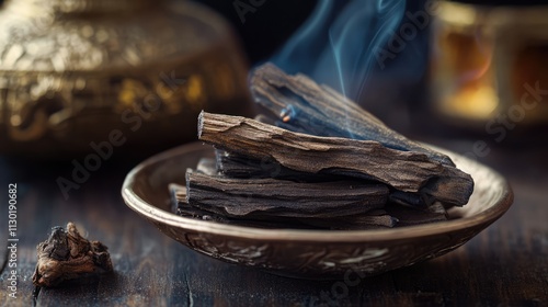 Agarwood aloeswood on a decorative plate with smoke rising, used in incense and perfume, showcasing its rich aromatic qualities. photo