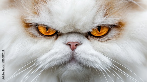 Closeup of a fluffy white and brown cat with striking yellow eyes showcasing feline beauty and intense expression in natural light. photo