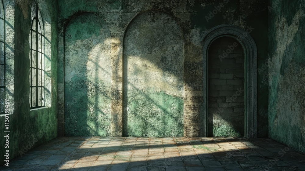 Obraz premium Abandoned room interior with textured green walls and natural light casting shadows through arched windows and doorways