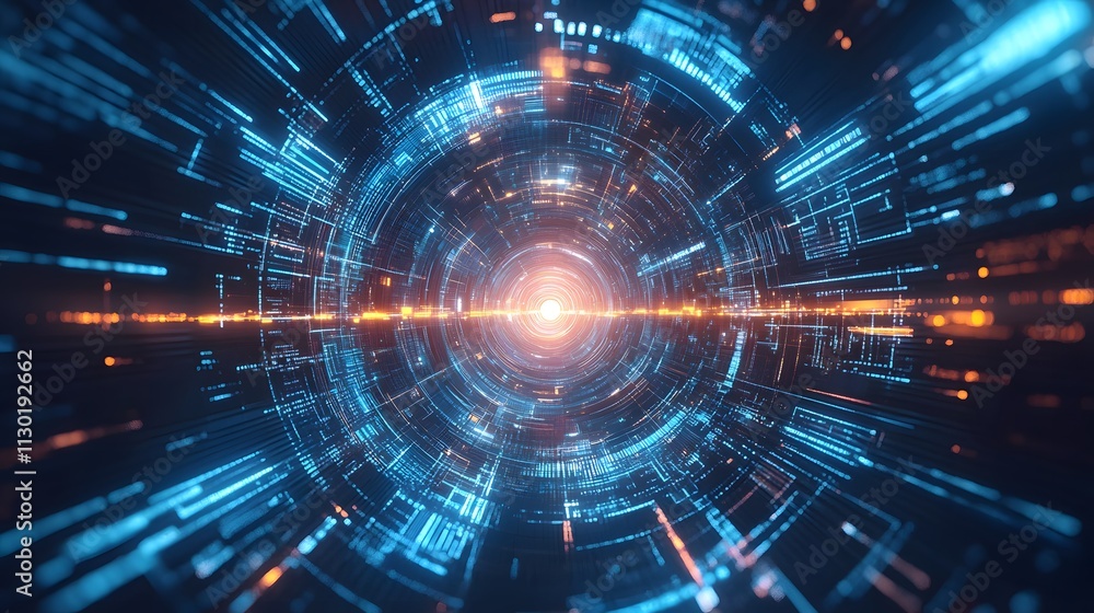 Obraz premium Abstract digital tunnel with glowing blue and orange lines emanating from the center.