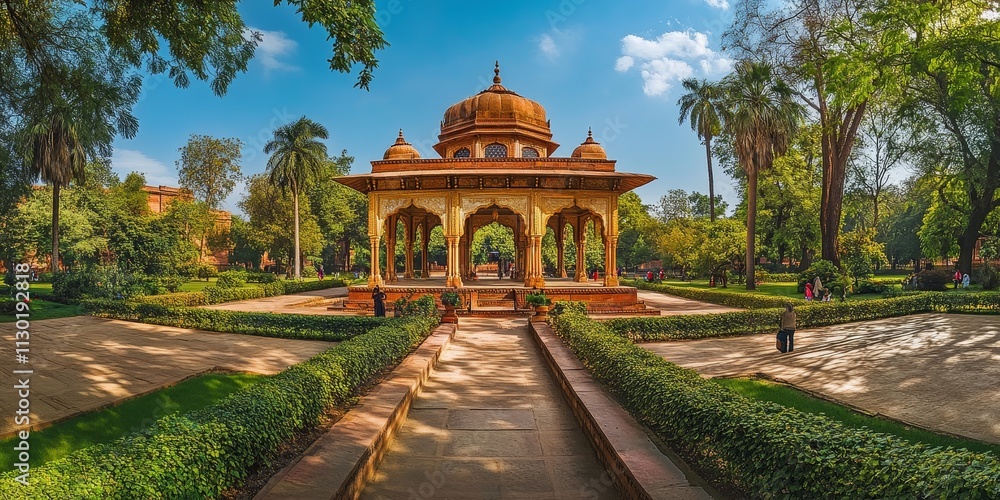 Obraz premium Panoramic view of historical architecture in a park, showcasing striking designs and cultural significance, perfect for illustrating the charm of historical architecture in a serene setting.