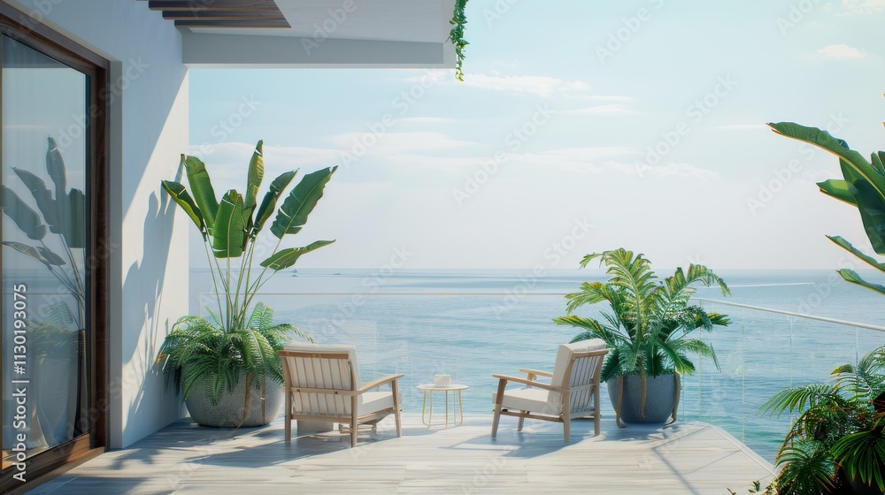 Fototapeta premium Ultra detailed balcony overlooking the sea, minimalist wooden furniture