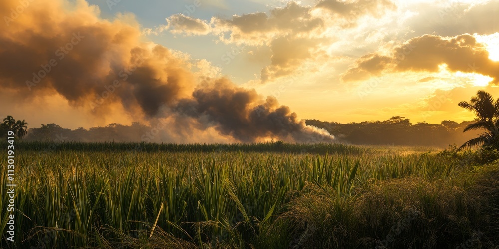 Fototapeta premium Thick smoke billows from an agricultural burn of sugar cane, a process that eliminates dried leaves known as trash. This sugar cane burning practice helps reduce production costs effectively.
