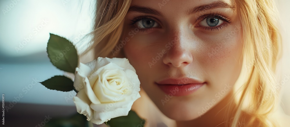 Naklejka premium Young blonde woman holding a white rose showcasing beauty and elegance in a serene setting for gift and romantic concepts