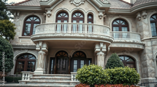 Wallpaper Mural Detailed view of a grand stone house with large windows and a balcony, surrounded by landscaped greenery. Torontodigital.ca