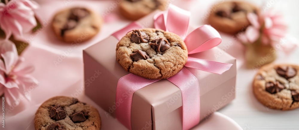 Fototapeta premium Gift box with cookies and pink satin ribbon surrounded by floral decorations for celebrations and special occasions.