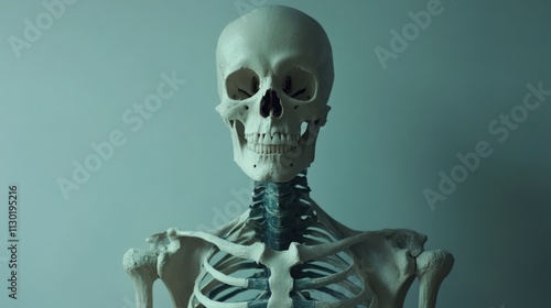 Human skeleton model showcasing anatomical features against a plain background for educational and medical purposes. photo