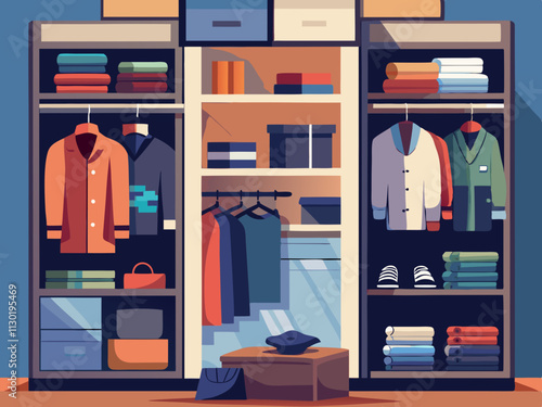 fullpage colorful illustration of a clean, organized closet with neatly folded clothes and natural textures.