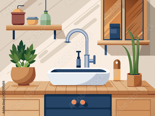 fullpage colorful illustration of a clean sink area with natural wood accents and matte fixtures.