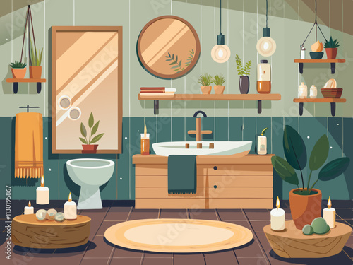 fullpage colorful illustration of a cozy bathroom with light wood accents, candles, and soft lighting.