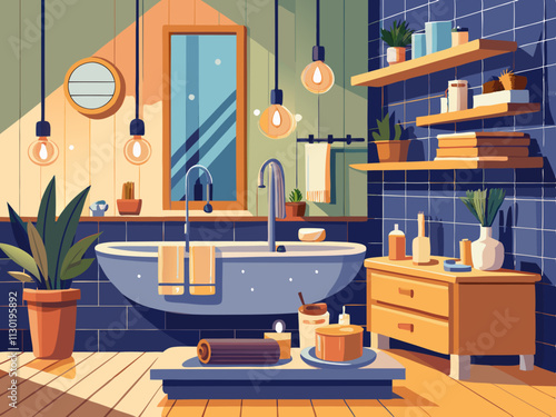 fullpage colorful illustration of a cozy bathroom with light wood accents, candles, and soft lighting.