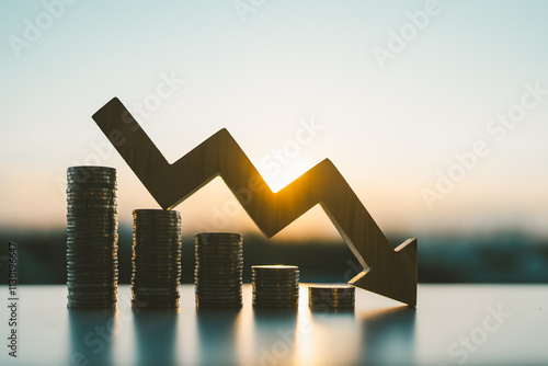 Down arrow with coin stack. concepts for success, methods, systems of raising or lowering Fed interest rates to correct inflation concepts.