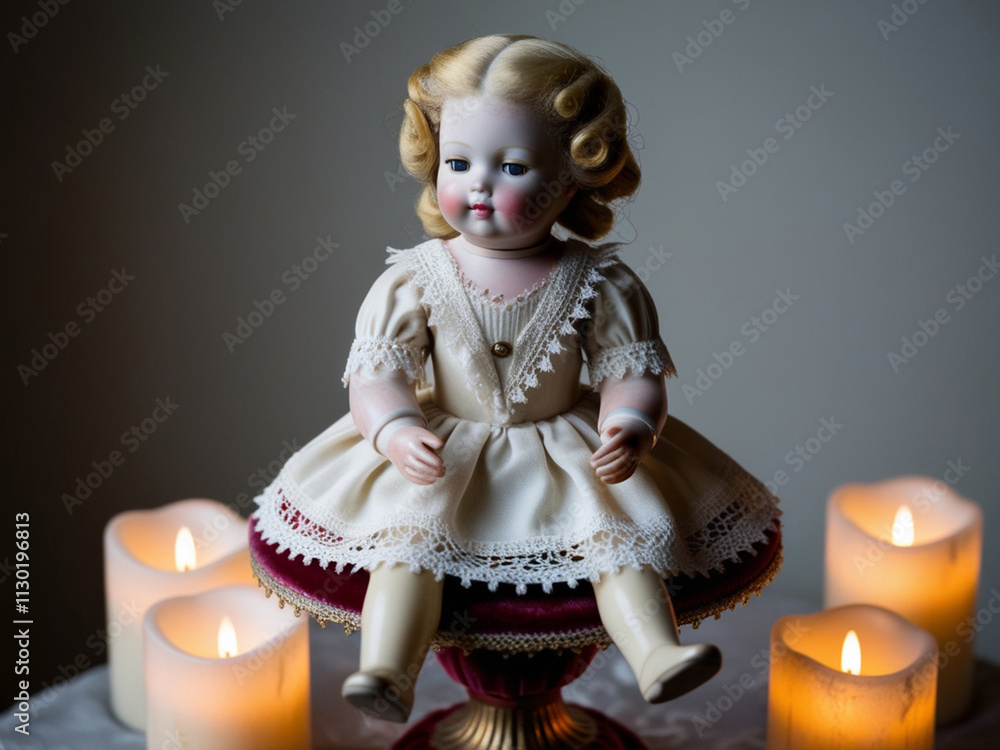 Fototapeta premium Delicately crafted porcelain doll, adorned with a lace-trimmed Victorian-style dress.