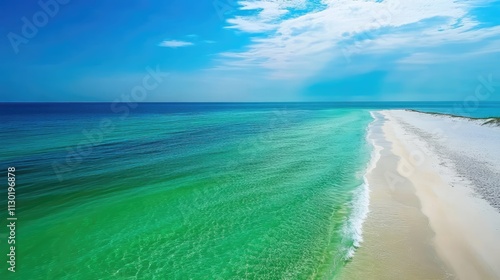 Vibrant coastal landscape showcasing shades of green and blue in a tranquil sea with a sandy shoreline under a clear sky photo