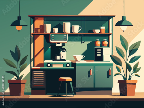 fullpage colorful illustration of a minimalist coffee station with a single coffee machine and ceramic mugs.