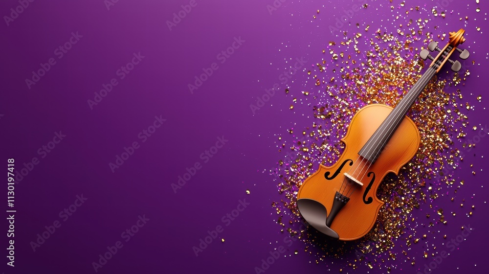 Fototapeta premium Festive Violin on Purple with Gold Glitter Music Celebration Party