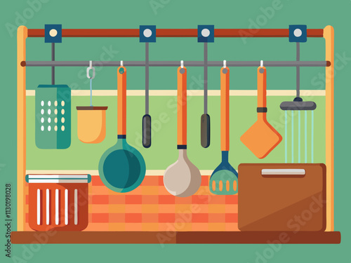 fullpage colorful illustration of a row of hanging utensils on a wooden kitchen rail.