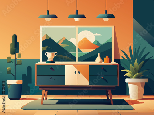 fullpage colorful illustration of a Scandinavian-themed sideboard with minimalist decor on top.