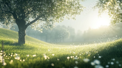 Wallpaper Mural Meadow basking in afternoon sunlight with grass in focus and trees creating a serene natural landscape view from ground level. Torontodigital.ca