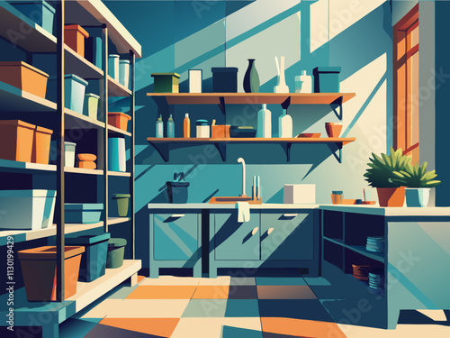 fullpage colorful illustration of a utility room with sleek shelves holding cleaning supplies in glass jars.