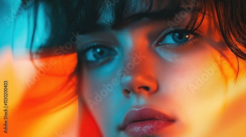 A captivating close-up of a young woman's face illuminated by vibrant colors, highlighting her expressive blue eyes and natural beauty.