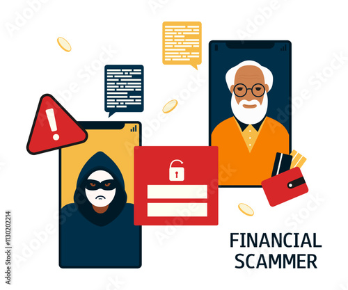 Elderly man on the phone screen and telephone fraud. Concept of financial scammer, cyber crime, data hacking. Vector flat illustration isolated on white background.