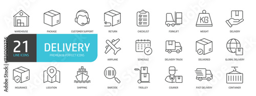 Set of line icons related to user delivery, shipping, cargo, warehouse. Outline icons collection. Editable stroke. Vector illustration.