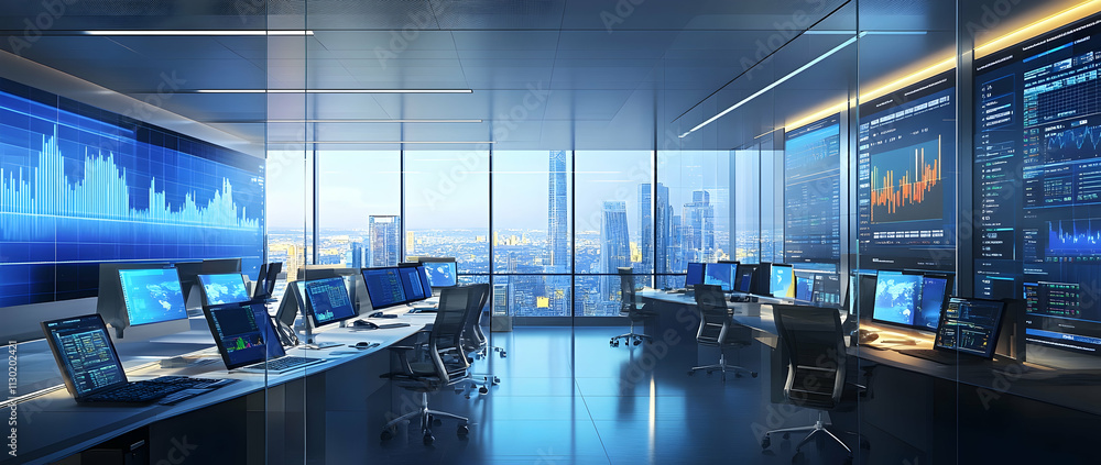 Fototapeta premium A bright office interior featuring financial charts and diagrams on digital screens, showcasing productivity and data-driven decisions