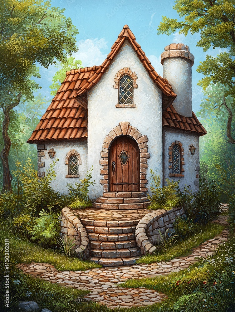 Obraz premium Charming cottage retreat enchanted forest digital art bright atmosphere front view whimsical architecture inspiration