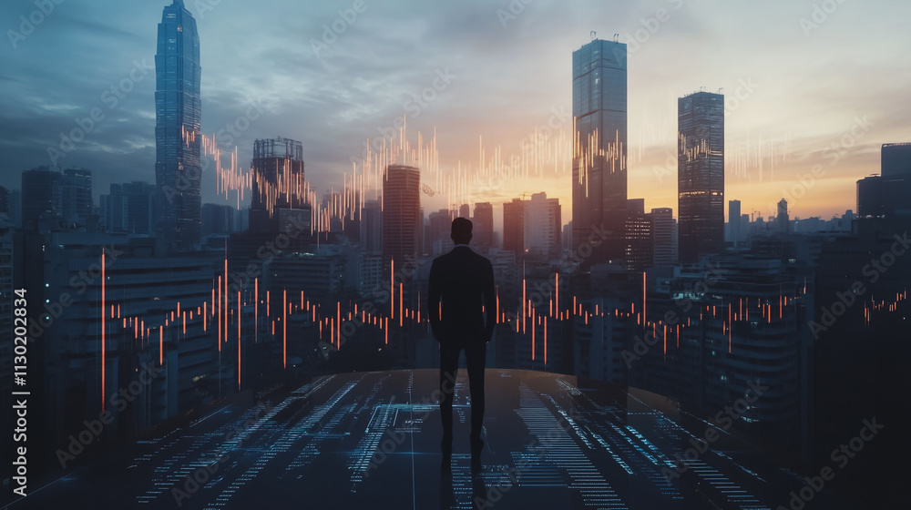 Fototapeta premium Abstract business man stands on the peak of success amid tall, innovative Smart city and graphs with statistics to analyze business potential and predict future developments in company growth.