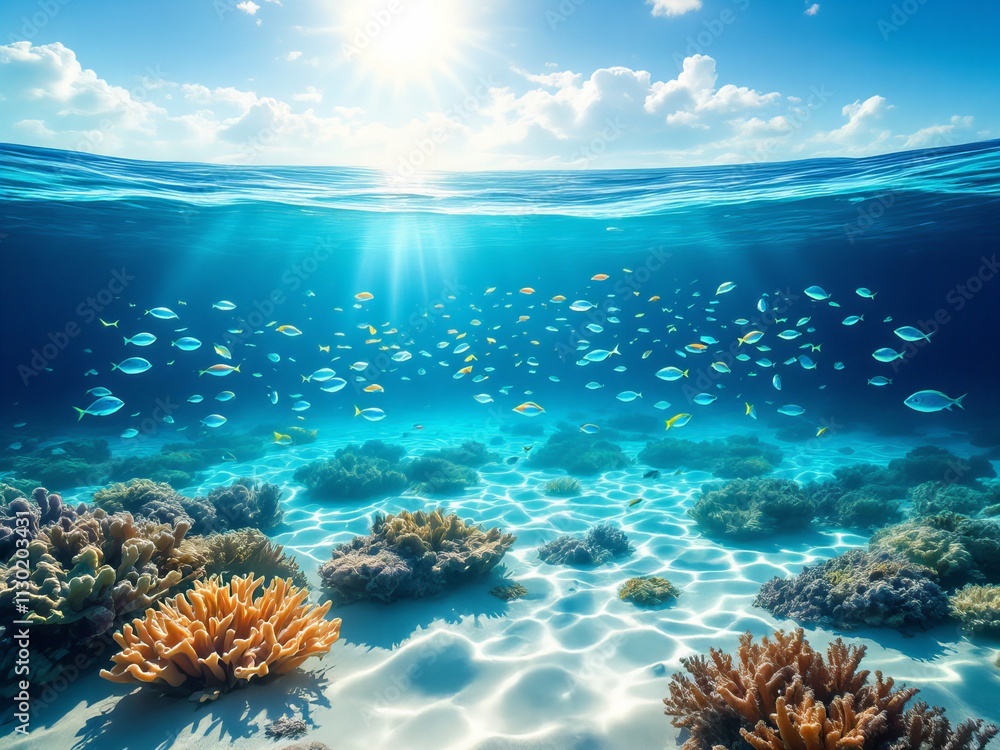 Fototapeta premium Vibrant Coral Reef Under Clear Ocean Water with Tropical Fish, Marine Life, Underwater Ecosystem, Nature Photography, Conservation, Scuba Diving, and Travel Destination