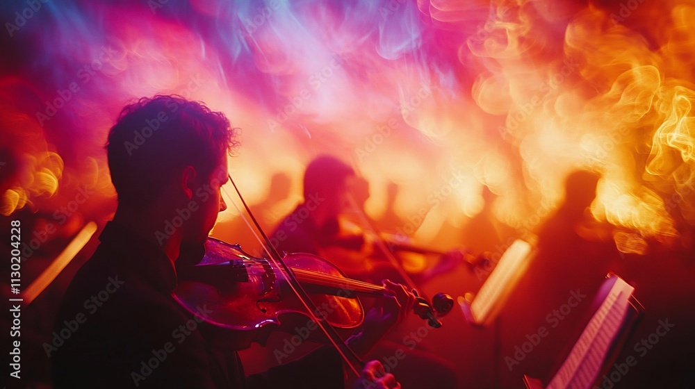 Fototapeta premium Musicians playing violins in vibrant, smoky lighting.