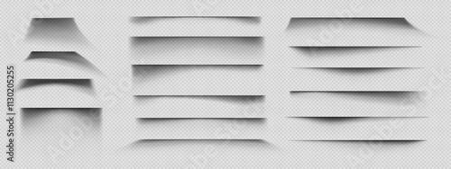Paper page shadow effects set isolated on transparent background. Vector realistic illustration of rectangle or square sheet edge, abstract grainy black shades on surface, website design elements
