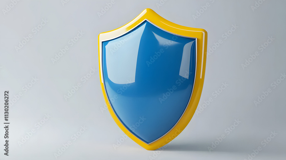 Shield depicting protection. shield 3d icon. Protection, defense and security concept symbol: blue and yellow shield on isolated on white background Shield depicting protection. shield 3d icon. Protection, defense and security concept symbol: blue and yellow shield on isolated on white background