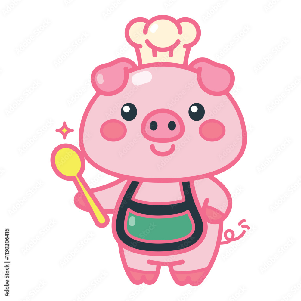 Fototapeta premium A cute cartoon pig wearing a chef hat isolated on a white background in a flat color style. Vector illustration suitable for kids' design, t-shirt, decor, and cooking theme projects.