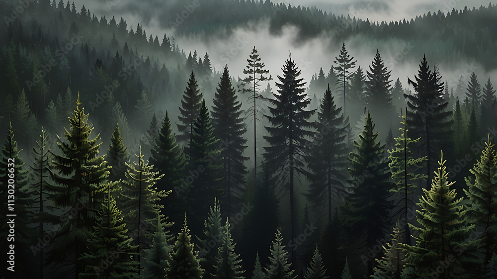 Fototapeta premium Pine forest wallpaper with towering pine trees and a misty atmosphere, capturing a sense of calm and mystery perfect for nature-themed interiors.